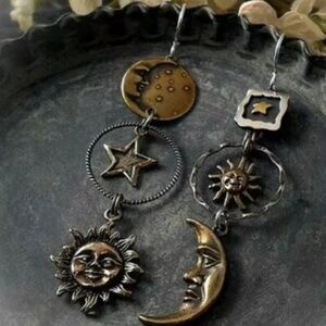Vintage Celestial Sun Moon Dangle Brass Earrings
